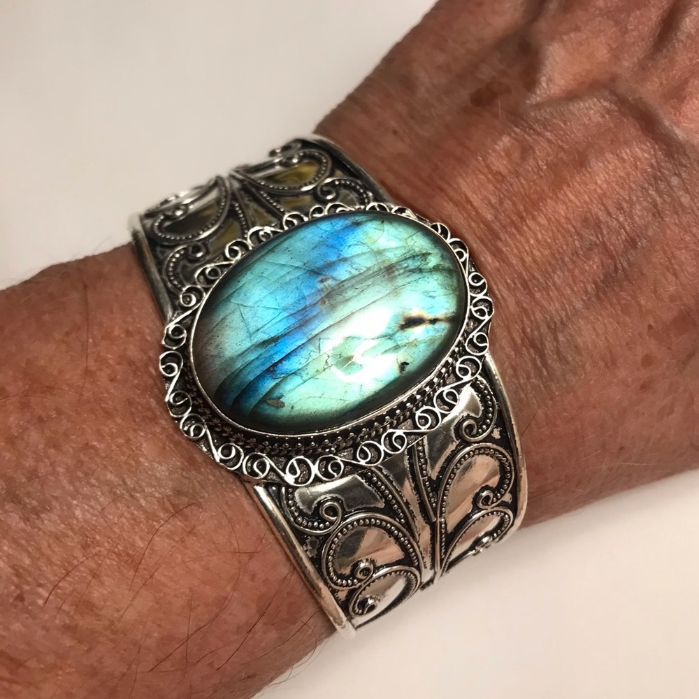 Labradorite Stamped 925 Sterling Silver Cuff Bracelet